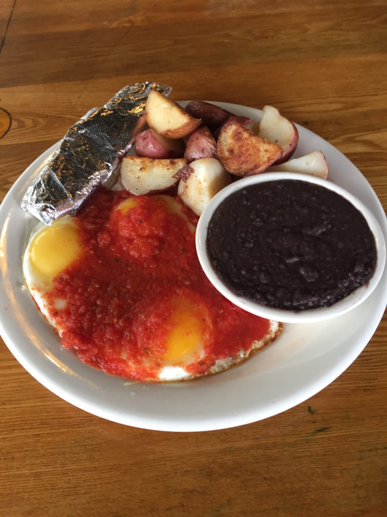 78209 May 2016 - Wine & Dine-Twin Sisters - Image 3 - Huevos Rancheros with roasted and grilled potatoes, fresh, spicy hot sauce, corn tortilla and black beans