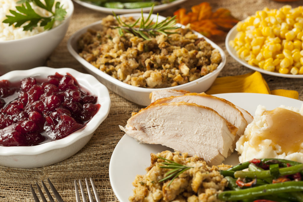 Typical American Thanksgiving foods on the table