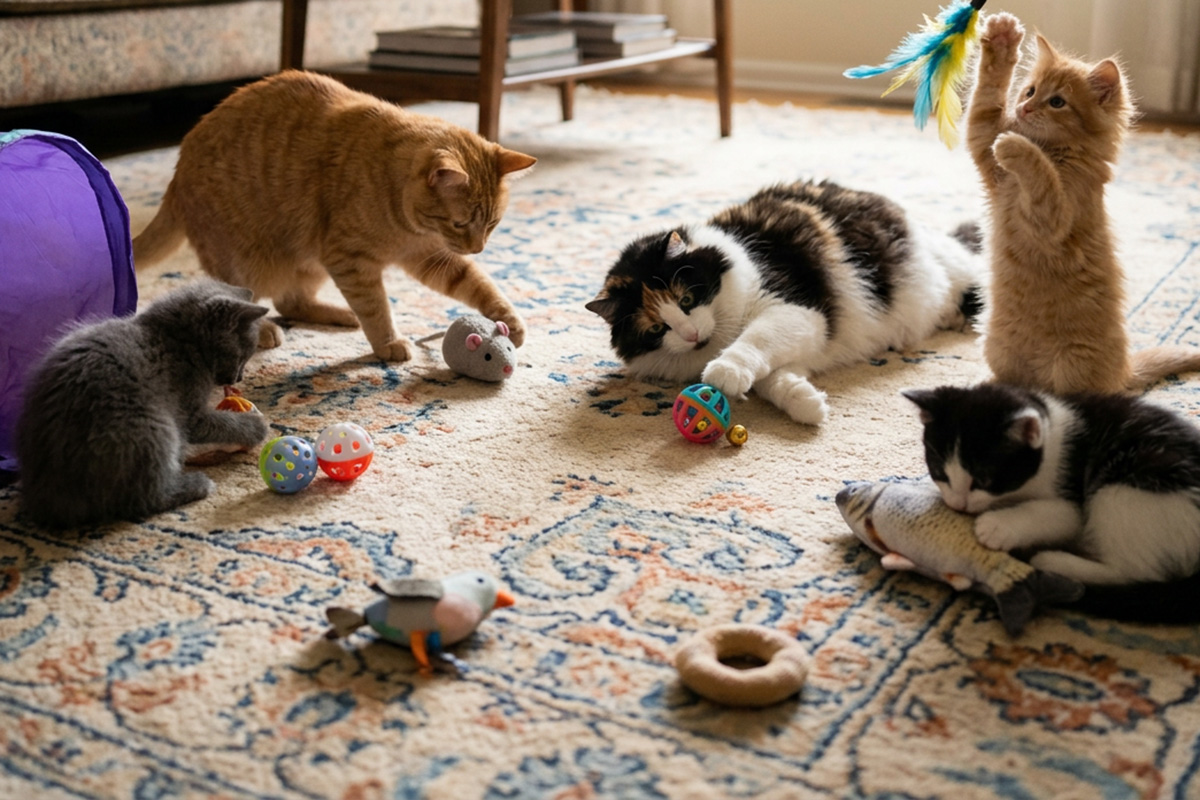 Cat and kitties playing